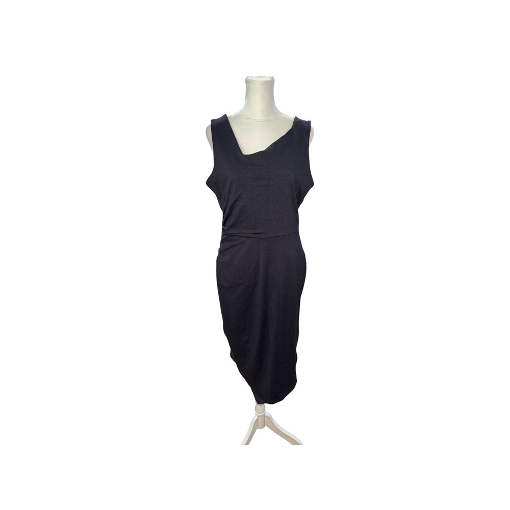 Betabrand Women Black Asymmetrical Neck Sleeveless Tulip Hem Sheath Dress L NEW